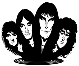 Groupe de rock britannique formé en 1971; caricaturé de gauche à droite : Roger Taylor (batteur, chanteur, 26 juillet 1949 -
